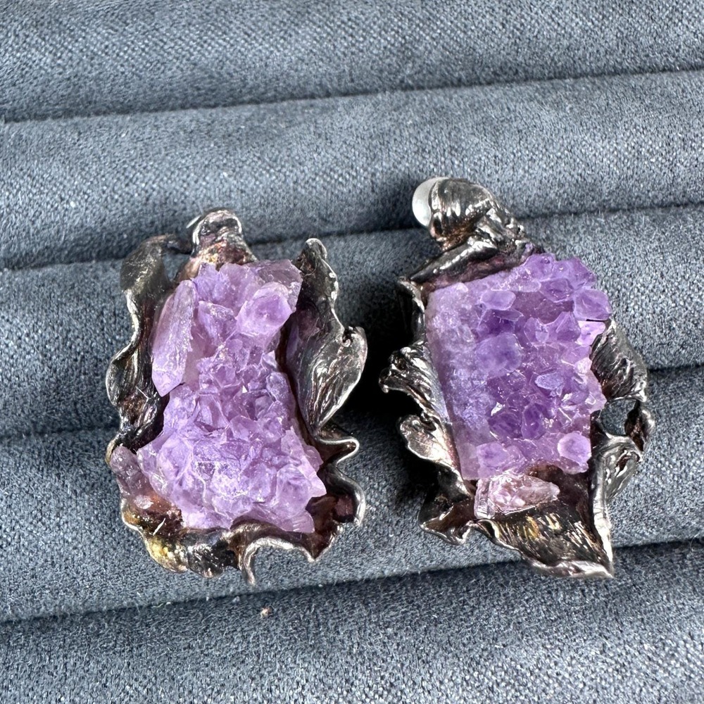 Chunky Sterling Silver Amethyst Druzy Earrings Statement Artisan‎ 1.25"